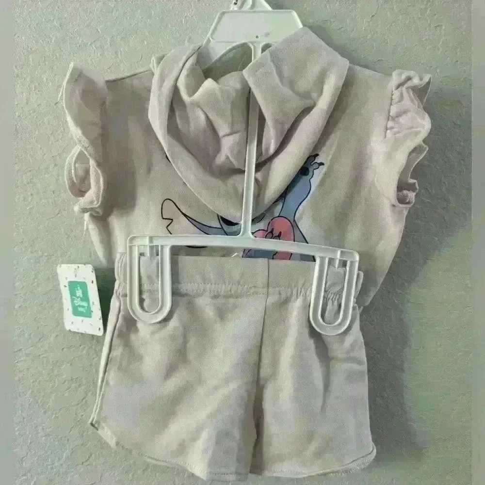 NWT Disney Girls Set Fleece Hooded Ruffle Short Sleeve Shirt and Shorts Sz 3-6MO